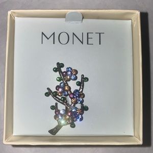 MONET Floral Branch Silver Blue Pink Green Rhinestone Brooch Pin $18 NIB